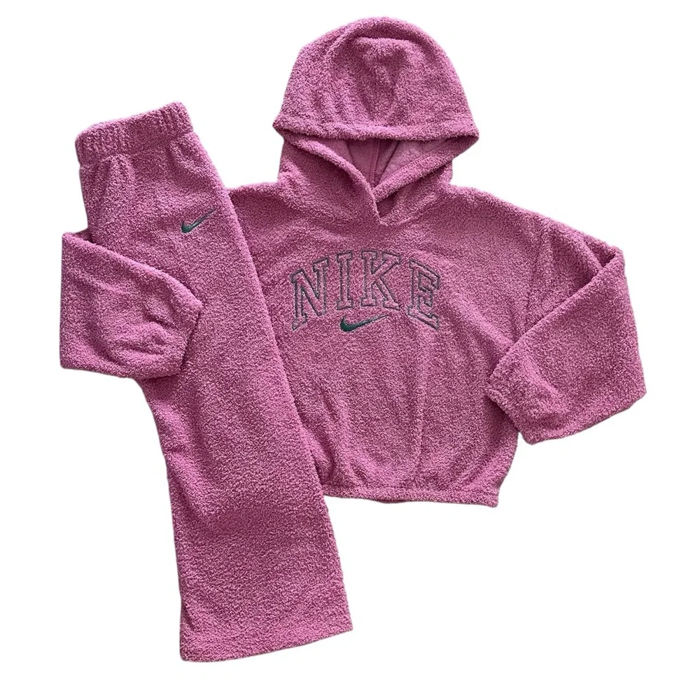 Nike Girls 2 Piece Pink Hoodie & Flare Pants Set Size 6 Soft Textured Outfit NWT